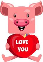 Pig with big heart, illustration, vector on white background.