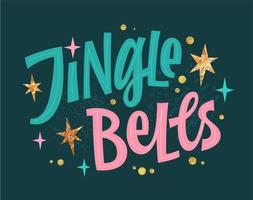 Modern script lettering design in trendy pink, cold green, gold colors, Jingle Bells. Creative vector typography illustration for Christmas events purposes. Festive greetings template design