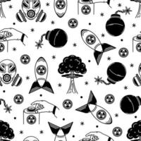 War seamless vector pattern. Armed conflict symbols - hydrogen bomb, atomic explosion, rocket, nuclear button, gas mask. Black and white silhouette of a dangerous weapon. Background for posters, web