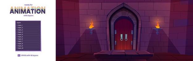 puerta del castillo medieval en el fondo de paralaje nocturno vector