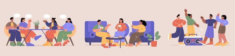 Friends meeting, hobby diversity, happy people vector