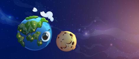 Earth and Moon cartoon characters in deep space vector