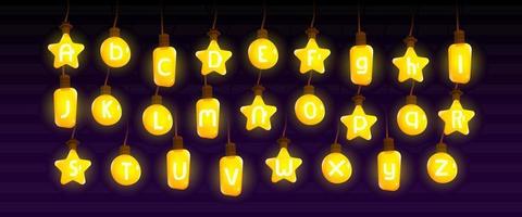 Light bulb font alphabet, cartoon characters set vector