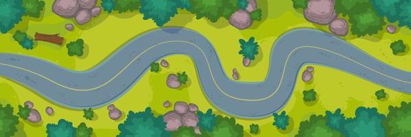 Top view of winding car road, grass and bushes vector