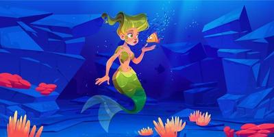 Cute mermaid with little fish in underwater world