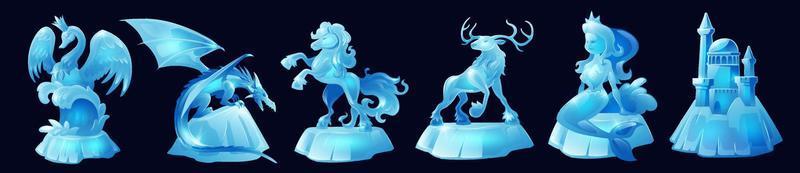 Ice sculptures of animals, mermaid and castle vector