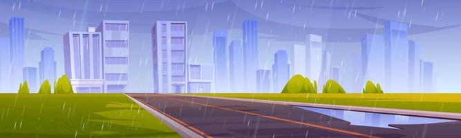 Road, city with buildings and green lawn in rain vector