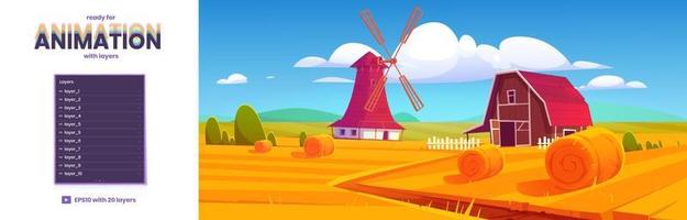 Parallax background with fields, barn and windmill vector