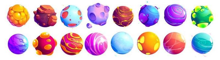 Set of fantastic alien planets, cartoon asteroids vector