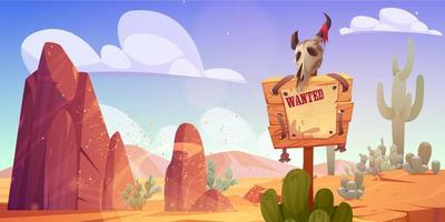 Wanted sign, banner in wild west desert landscape vector
