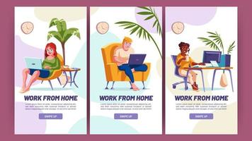 Work from home cartoon web banners, onboard screen vector