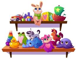juguetes para niños, animales de peluche, coche y barco en estantes vector