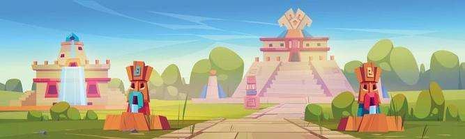 Aztec city with pyramid and statues mayan landmark vector