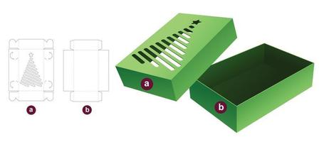 box and stenciled Christmas tree lid die cut template and 3D mockup vector