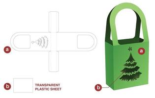 bolsa de asa de cartón con plantilla troquelada de ventana de árbol de navidad y maqueta 3d vector