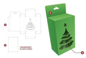 Cardboard hanging box with Christmas tree window and transparent plastic sheet die cut template and 3D mockup vector