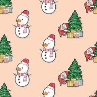 Santa cat and snowman with Christmas cartoon seamless pattern vector