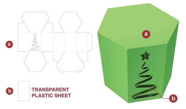 caja hexagonal de cartón con plantilla troquelada de ventana de árbol de navidad y maqueta 3d vector