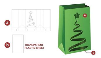 Paper bag with stenciled Christmas tree die cut template and 3D mockup vector