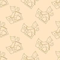 cute doodle cat and wooden house cartoon seamless pattern vector