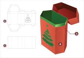 Flip stenciled Christmas tree hexagonal packaging with insert die cut template and 3D mockup vector