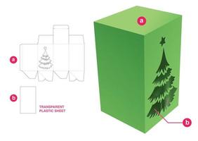 caja de cartón con ventana de árbol de navidad y plantilla troquelada de lámina de plástico vector