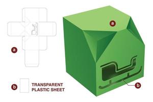 Caja de regalo cuadrada de 2 esquinas biseladas con plantilla troquelada de ventana navideña y maqueta 3d vector