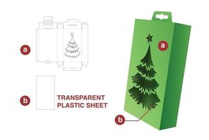 Hanging box with stenciled Christmas tree window die cut template and 3D mockup vector
