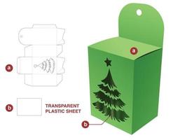 hanging box with Christmas tree window die cut template and 3D mockup vector