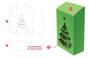 caja alta inclinada con ventana de árbol de navidad y plantilla troquelada de lámina de plástico transparente vector