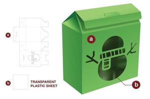 caja de cartón con plantilla troquelada de ventana de muñeco de nieve y maqueta 3d vector