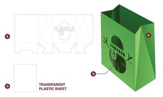 bolsa de papel con plantilla troquelada de ventana de muñeco de nieve y maqueta 3d vector