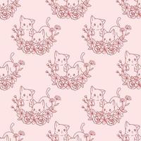 adorable outline cats and wreath cartoon seamless pattern vector