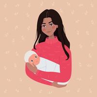 A woman holds a newborn baby in her arms. Warm bright modern illustration. Motherhood support. vector