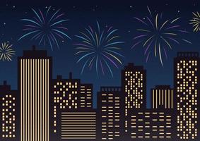 Fireworks in the city. Buildings with luminous windows against the sky with fireworks. Vector flat illustration.