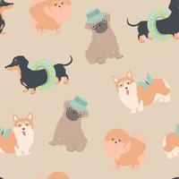 Seamless pattern with dogs. Summer funny illustration for kids. Dachshund, pomeranian, pug and corgi on summer vacation. For fabric, wallpaper, wrapping paper vector