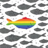 un pez arcoíris nada contra un banco de peces grises. patrón impecable para apoyar a la comunidad lgbt. ser uno mismo. mes del orgullo bandera lgbt perfecto para textiles o telas. vector