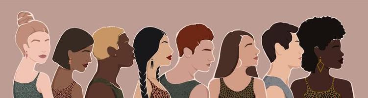 group of diverse people from different ethnic backgrounds are standing together. all people are equal. flat illustration. vector