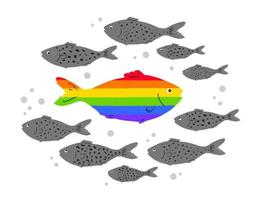 A rainbow fish swims against a school of gray fish. A poster to support the LGBT community. Be yourself. Pride Month. LGBT flag. vector