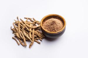 Ashwagandha or Aswaganda OR Indian Ginseng is an Ayurveda medicine in stem and powder form photo