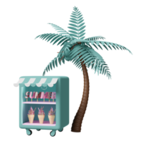 shop store with ice cream showcases or fridge, coconut tree or palms isolated. 3d illustration or 3d render png