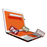 orange laptop computer monitor with store front, buy, sale,pay label tag, blank search bar, magnifying isolated. online shopping, search data concept, 3d illustration or 3d render png