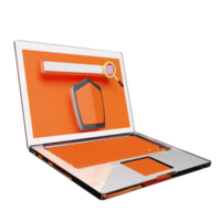 Orangefarbener Laptop-Computer mit Schild, leere Suchleiste, Vergrößerung isoliert. internetsicherheit oder datenschutz oder ransomware-schutzkonzept, 3d-illustration oder 3d-rendering png