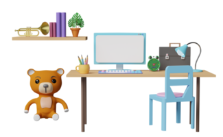 office room or home office workplace with computer,desk,chair,teddy bear, book,lamp, coffee cup in room. work from home,information researching concept,3d illustration or 3d render png