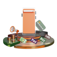 podium, oranje mobiel telefoon of smartphone met op te slaan voorkant, kopen, uitverkoop, betalen etiket label, megafoon, geld, credit kaart Aan roze. online winkelen, zoeken gegevens concept, 3d illustratie, 3d geven png