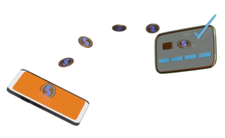 3d orange mobile phone or smartphone with copper dollar coins, credit card, check isolated. online shopping, Internet banking, payment credit card concept, 3d render illustration png