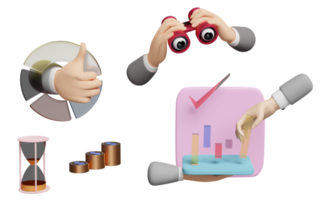 3d charts and graph with businessman hand, check, analysis business financial data,binocular, Online marketing isolated. business strategy concept, 3d render illustration png