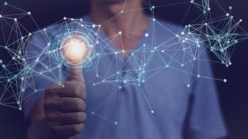 Men Fingerprint scanning and biometric authentication, processing of biometric for access personal data. surveillance and security scanning of digital programs cyber futuristic applications photo