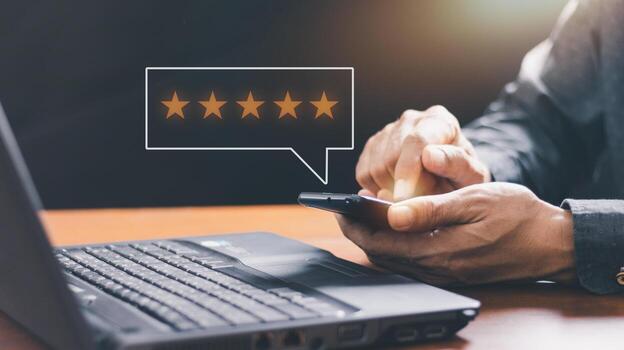 User give rating to service experience on online application, Customer review satisfaction feedback survey concept, Customer can evaluate quality of service leading to reputation ranking of business. photo