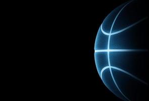 3D rendering of single black basketball with bright blue glowing neon lines sitting in completely black surroundings photo